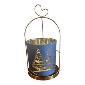Winter Scene Blue Gold Glass Candle Holder 4.5" Dia X 5" Tall W/ 10" Gold Cage